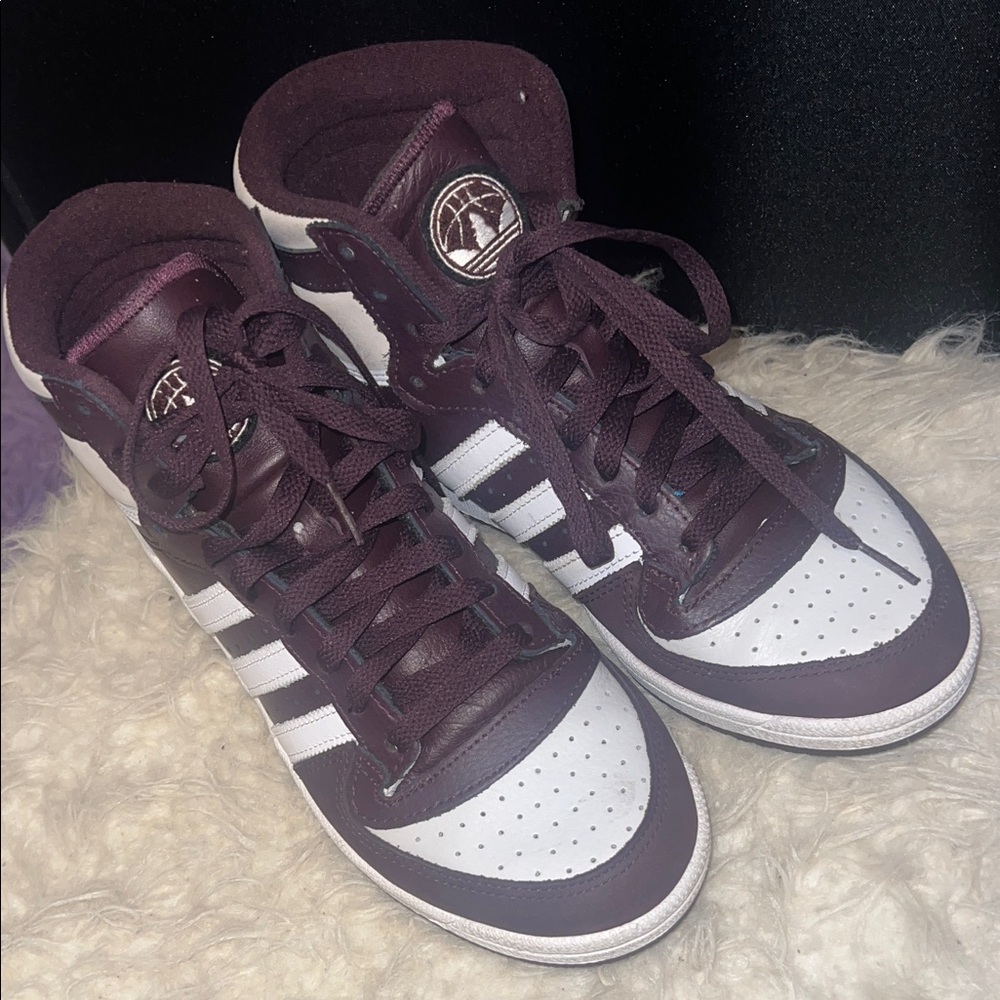 Adidas Maroon and White High-Top Sneakers